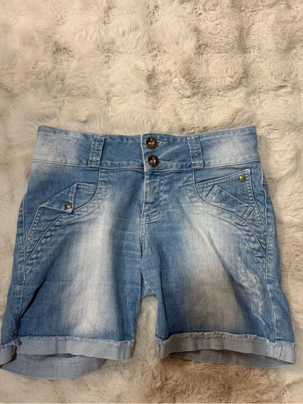 Exotic Blue Y2K Low Rise Distressed Bermuda Denim Shorts